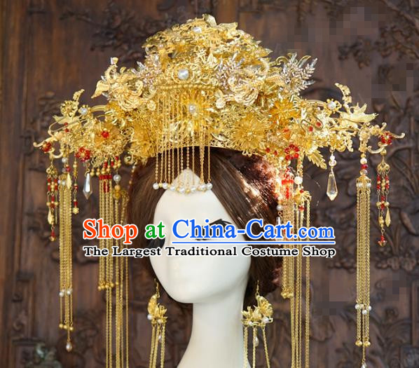 China Ancient Wedding Bride Hair Accessories Deluxe Tassel Hair Crown Traditional Golden Phoenix Coronet