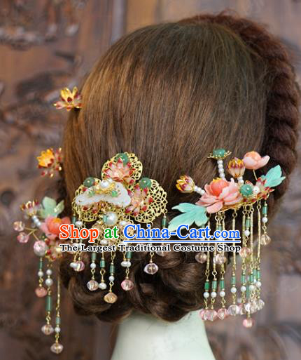 China Traditional Wedding Tassel Jade Hair Crown and Hairpins Ancient Bride Hair Accessories Full Set