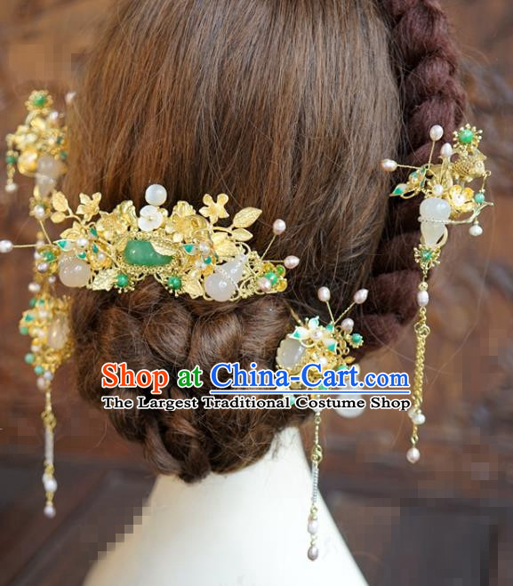 China Traditional Ancient Wedding Bride Hair Accessories Jade Hair Comb Tassel Hairpins Hair Sticks Full Set