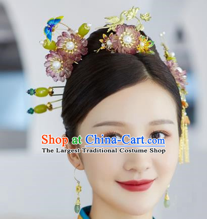 China Ancient Bride Hair Accessories Traditional Wedding Golden Crane Hair Crown and Flower Hairpins Earrings Full Set