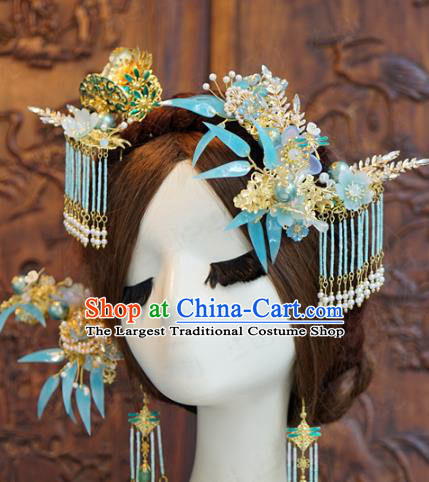 China Traditional Ancient Bride Blueing Hair Crown and Hairpins Earrings Court Hair Accessories Full Set