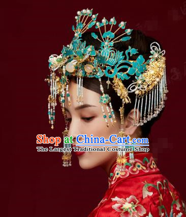 China Ancient Bride Blueing Phoenix Coronet Wedding Hair Crown and Hairpins Traditional Hair Accessories