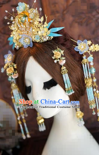 China Traditional Bride Hair Accessories Ancient Wedding Hair Crown and Tassel Hairpins Complete Set