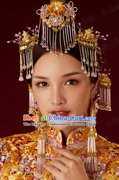 China Traditional Ancient Wedding Pink Beads Tassel Hair Crown and Hairpins Bride Hair Accessories Complete Set