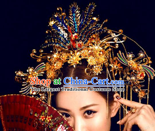 China Ancient Bride Blueing Phoenix Phoenix Coronet Hair Accessories Headwear Traditional Wedding Hair Crown and Golden Tassel Hairpins