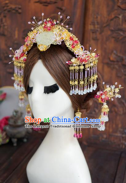 China Ancient Bride Hair Accessories Headwear Traditional Wedding Jade Hair Crown and Tassel Hairpins Full Set