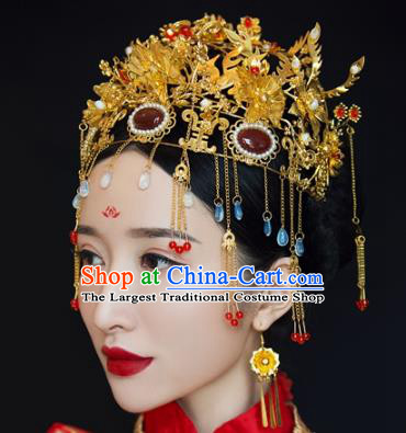 China Ancient Bride Agate Golden Phoenix Coronet Hair Accessories Traditional Wedding Hair Crown Headwear Full Set