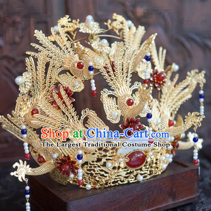 China Ming Dynasty Phoenix Coronet Traditional Wedding Hair Crown and Tassel Hairpins Ancient Queen Hair Accessories Full Set