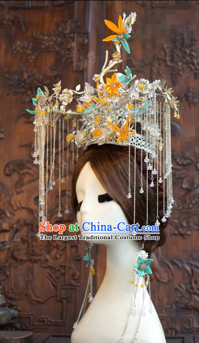 China Traditional Wedding Argent Phoenix Coronet Ancient Queen Tassel Hair Crown Full Set