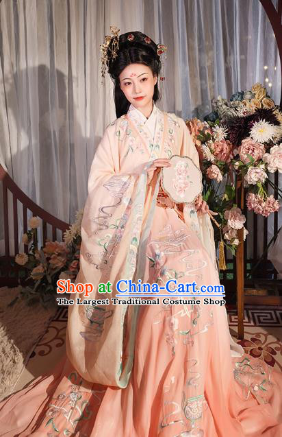 China Ancient Imperial Consort Hanfu Clothing Jin Dynasty Court Beauty Embroidered Pink Dress Apparels