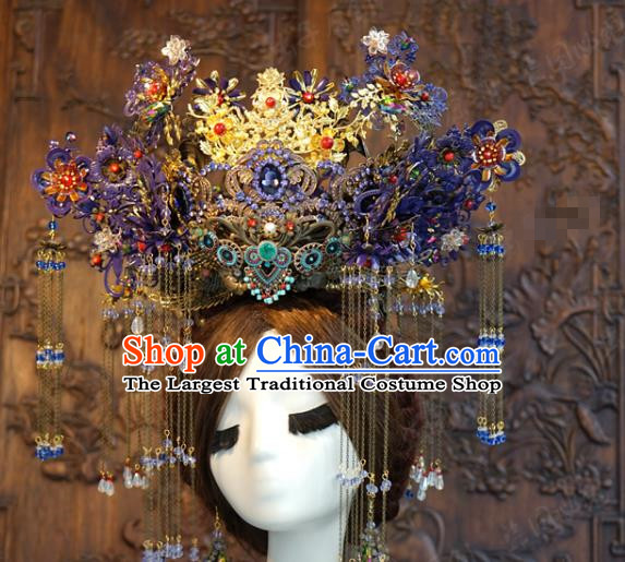 China Traditional Empress Wedding Hanfu Luxury Hair Accessories Ancient Queen Purple Flowers Phoenix Coronet