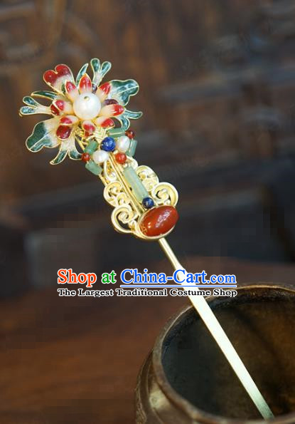 China Ancient Bride Golden Lute Hair Stick Traditional Xiuhe Suit Hair Accessories Wedding Agate Jade Hairpin