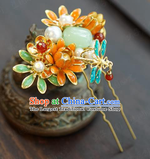 China Ancient Princess Jade Hair Stick Traditional Xiuhe Suit Hair Jewelry Accessories Court Flowers Dragonfly Hairpin