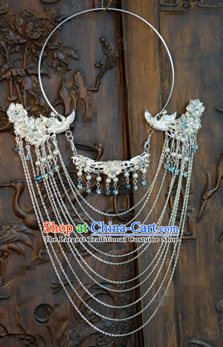 Chinese Handmade Argent Tassel Necklace Traditional Jewelry Accessories Ancient Wedding Bride Phoenix Necklet