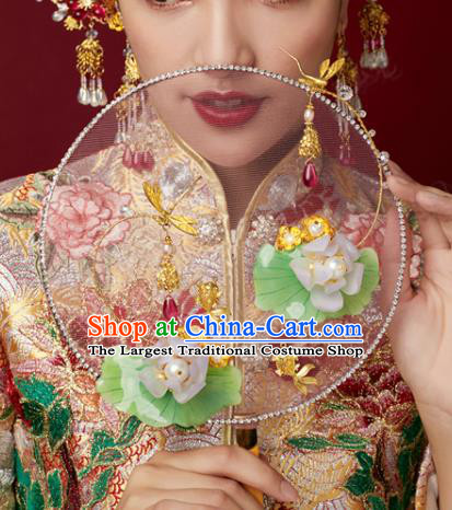 Chinese Handmade Pink Silk Round Fan Traditional Wedding Jewelry Accessories Ancient Bride Fish Lotus Palace Fan