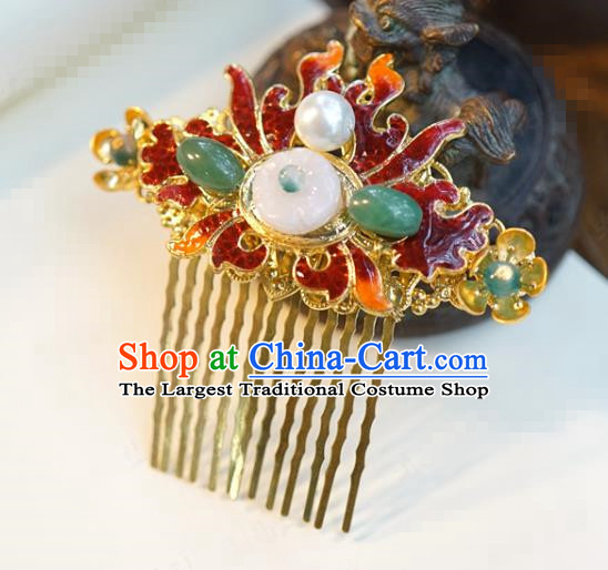 China Ancient Cloisonne Hairpin Traditional Xiuhe Suit Hair Jewelry Accessories Court Princess Golden Jade Hair Comb