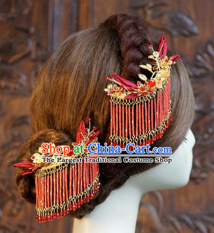 China Ancient Princess Red Beads Tassel Hair Sticks Traditional Xiuhe Suit Hair Jewelry Accessories Court Silk Flowers Hairpin