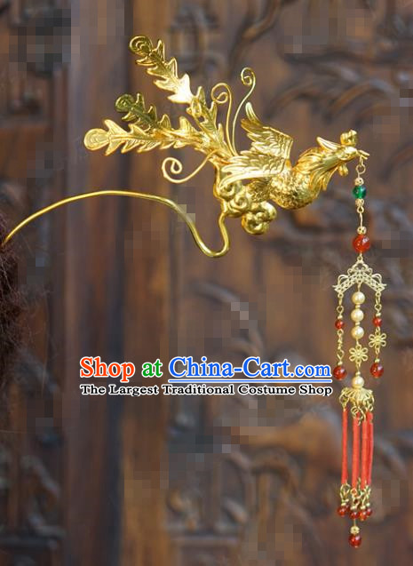 China Ancient Princess Red Beads Tassel Hair Clip Traditional Xiuhe Suit Hair Jewelry Accessories Court Golden Phoenix Hairpin