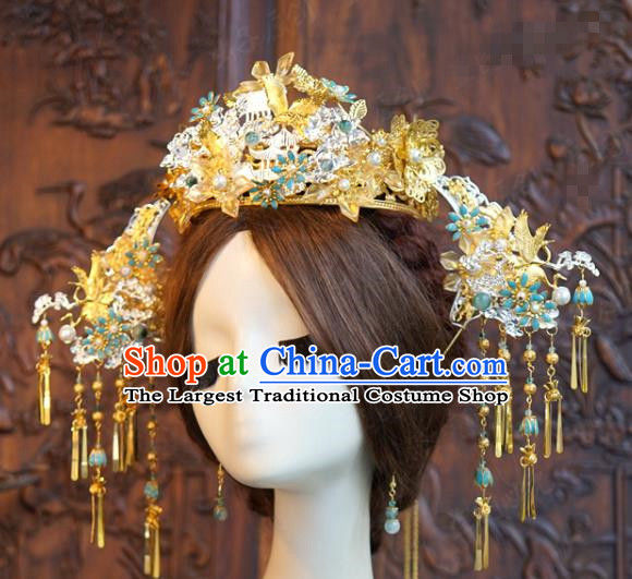 China Xiuhe Suit Headpieces Ancient Bride Golden Tassel Hairpins Traditional Wedding Phoenix Coronet Hair Accessories