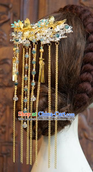 China Ancient Bride Hairpin Traditional Xiuhe Suit Hair Jewelry Accessories Wedding Golden Long Tassel Hair Comb