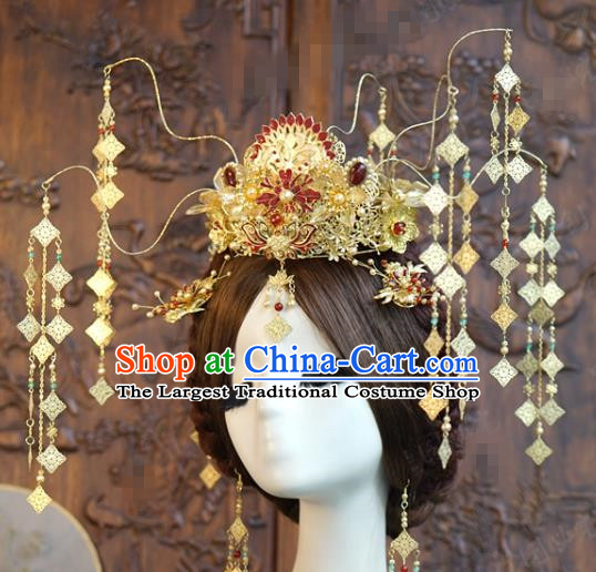 China Ancient Bride Golden Hair Crown and Earrings Xiuhe Suit Headpieces Traditional Wedding Phoenix Coronet Hair Accessories Full Set