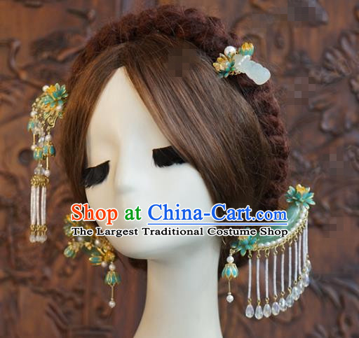 China Traditional Wedding Hair Accessories Xiuhe Suit Headpieces Ancient Bride Jade Hair Comb and Hairpins