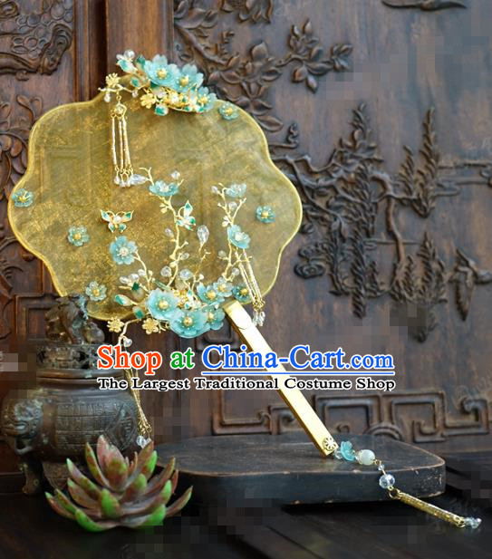 Chinese Handmade Wedding Yellow Silk Palace Fan Traditional Wedding Jewelry Accessories Ancient Bride Blue Plum Fan