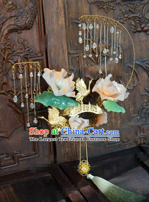 Chinese Ancient Bride Golden Crane Lotus Round Fan Traditional Jewelry Accessories Handmade Court Wedding Palace Fan