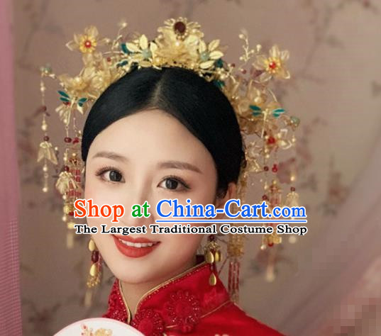 China Traditional Xiuhe Suit Headdress Wedding Bride Hair Accessories Ancient Queen Hair Crown and Tassel Hairpins