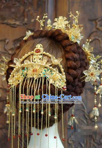 China Ancient Palace Pearls Hair Comb Traditional Xiuhe Suit Hair Jewelry Accessories Wedding Golden Tassel Hair Crown