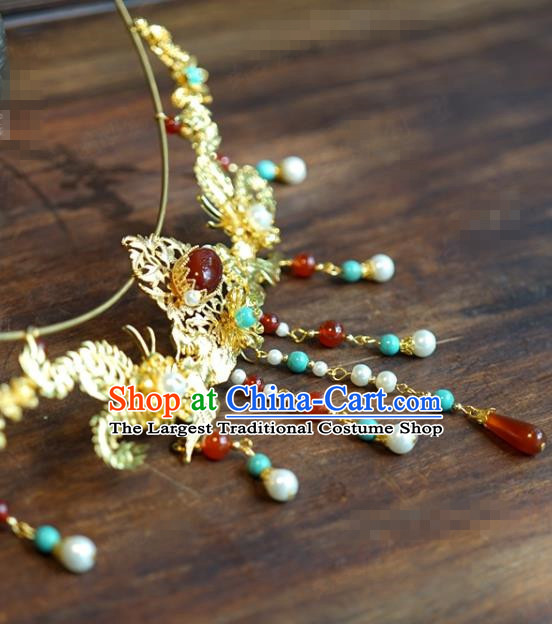 Chinese Court Golden Phoenix Necklace Ancient Wedding Jewelry Accessories Traditional Handmade Necklet