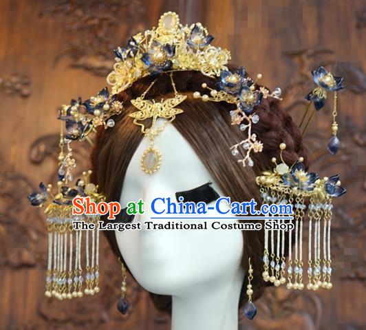 China Ancient Queen Hair Crown and Tassel Hairpins Traditional Xiuhe Suit Headdress Wedding Bride Hair Accessories