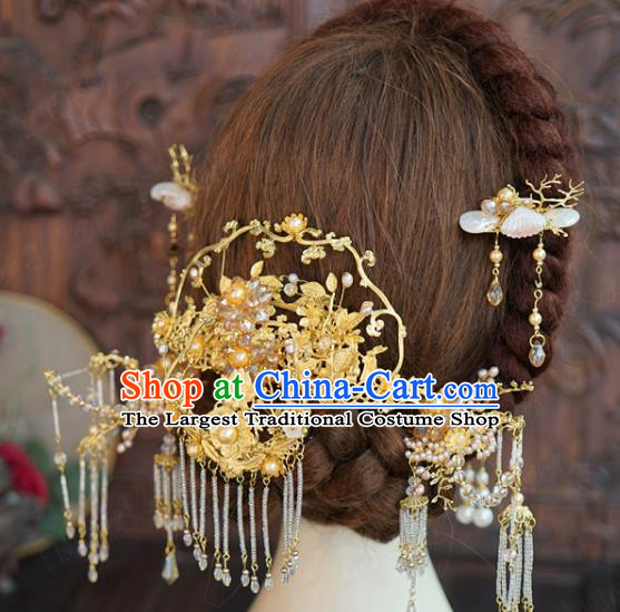 China Ancient Bride Wedding Golden Hair Accessories Traditional Xiuhe Suit Hairpins Hair Sticks Complete Set