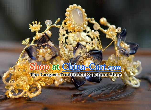 China Ancient Palace Golden Hairpin Traditional Xiuhe Suit Hair Jewelry Accessories Qing Dynasty Pearls Hair Crown
