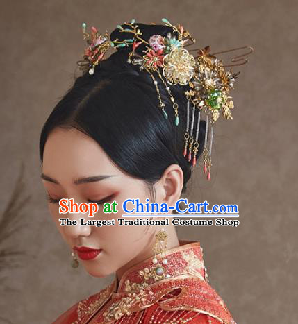 China Ancient Bride Hair Accessories Traditional Wedding Xiuhe Suit Tassel Hairpins Complete Set