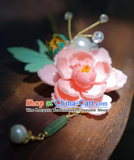 China Hanfu Pink Peony Hair Claw Ancient Wedding Hair Stick Traditional Xiuhe Suit Hair Jewelry Accessories