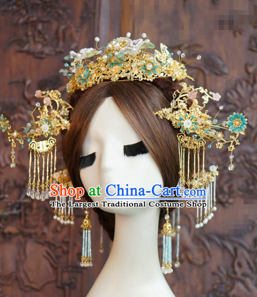 China Wedding Xiuhe Suit Headdress Traditional Hair Accessories Ancient Bride Golden Hair Crown and Tassel Hairpins