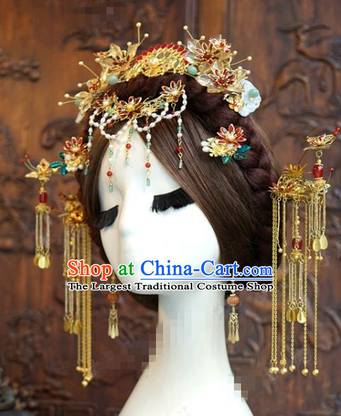 China Ancient Bride Hair Crown and Golden Tassel Hairpins Traditional Xiuhe Suit Headdress Wedding Hair Accessories