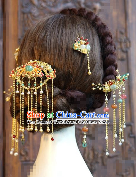 China Ancient Bride Cloisonne Lotus Tassel Hair Crown and Hairpins Traditional Hair Accessories Wedding Xiuhe Suit Headpieces