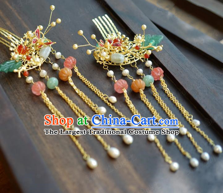 China Ancient Jade Pumpkin Tassel Hair Combs Traditional Xiuhe Suit Hair Jewelry Accessories Court Gems Hairpins