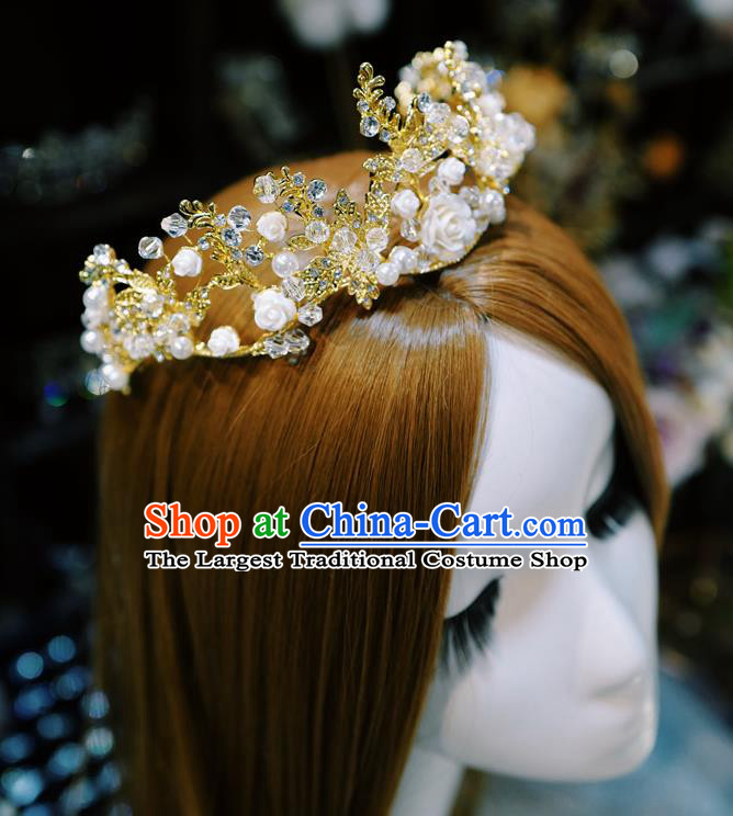 Handmade European Court Retro Golden Royal Crown Hair Accessories Baroque Bride Headwear Wedding White Rose Hair Clasp