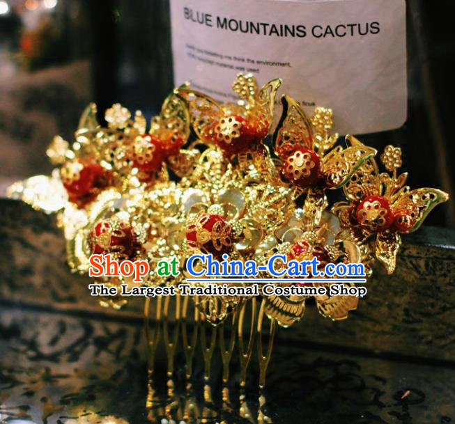 Chinese Ancient Wedding Jewelry Accessories Traditional Hairpin Bride Golden Butterfly Hair Comb