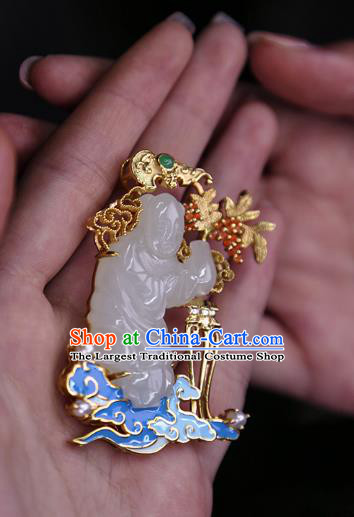 China Classical Cheongsam Gilding Brooch Traditional Handmade Hetian White Jade Child Breastpin