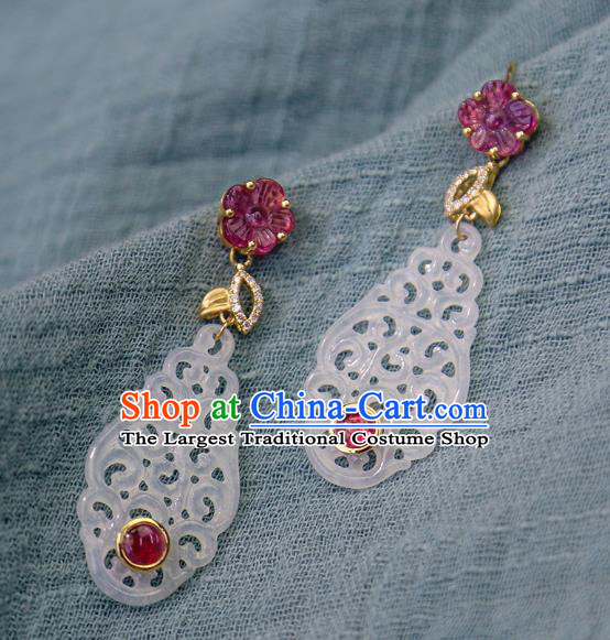 Top Grade Chinese Traditional Classical Tourmaline Earrings Handmade Ear Jewelry Qing Dynasty Court White Jade Accessories