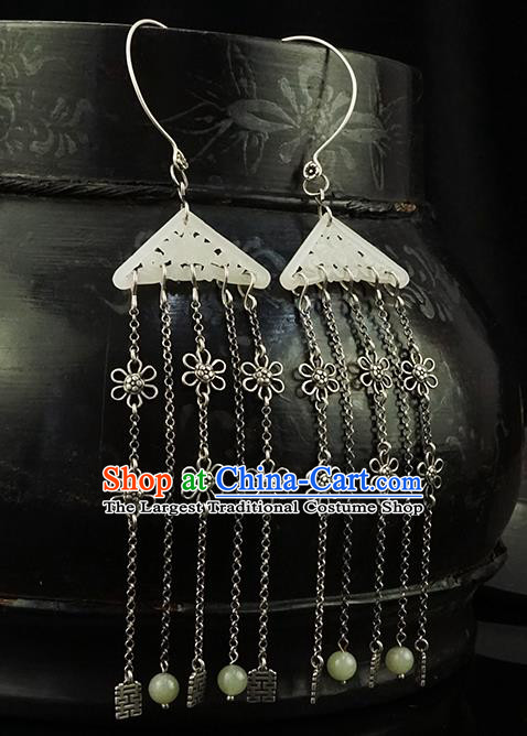 Top Grade Chinese Qing Dynasty Jade Accessories Classical Court Earrings Traditional Handmade Silver Tassel Ear Jewelry