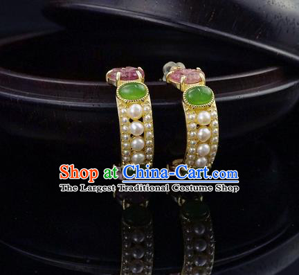 Top Grade Chinese Traditional Classical Jade Earrings Handmade Pearls Ear Jewelry Qing Dynasty Court Accessories