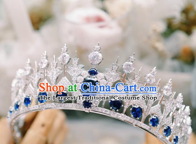 European Queen Zircon Headwear Handmade Baroque Bride Wedding Jewelry Accessories Women Luxury Blue Crystal Royal Crown