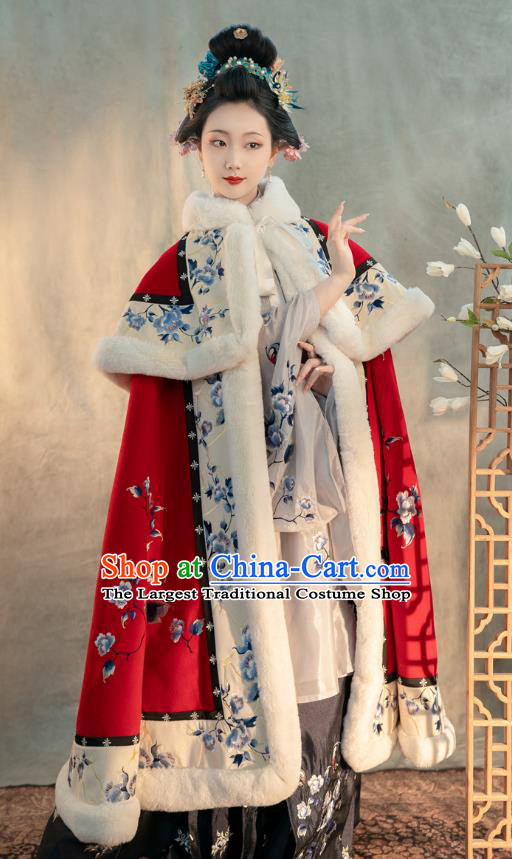 China Traditional Ming Dynasty Empress Embroidered Cloak Ancient Noble Woman Costume Winter Red Woolen Cape