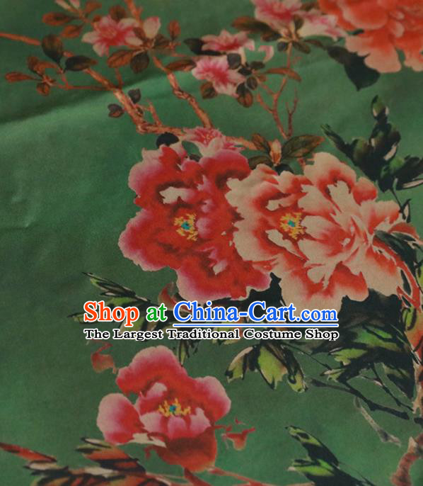 Chinese Classical Peony Pattern Design Green Gambiered Guangdong Gauze Fabric Asian Traditional Cheongsam Silk Material