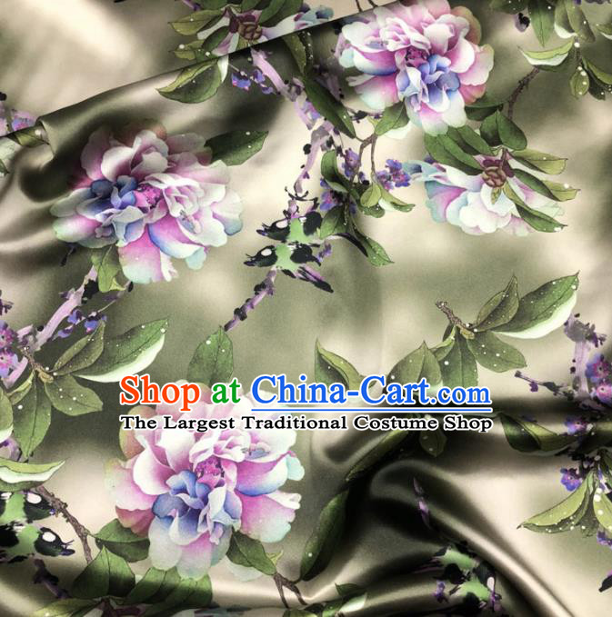 Chinese Classical Flowers Pattern Design Khaki Gambiered Guangdong Gauze Fabric Asian Traditional Cheongsam Silk Material